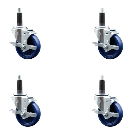 Service Caster 4'' Solid Poly Swivel 1'' Expanding Stem Caster Set with Brake, 4PK SCC-EX20S414-SPUS-TLB-1-4